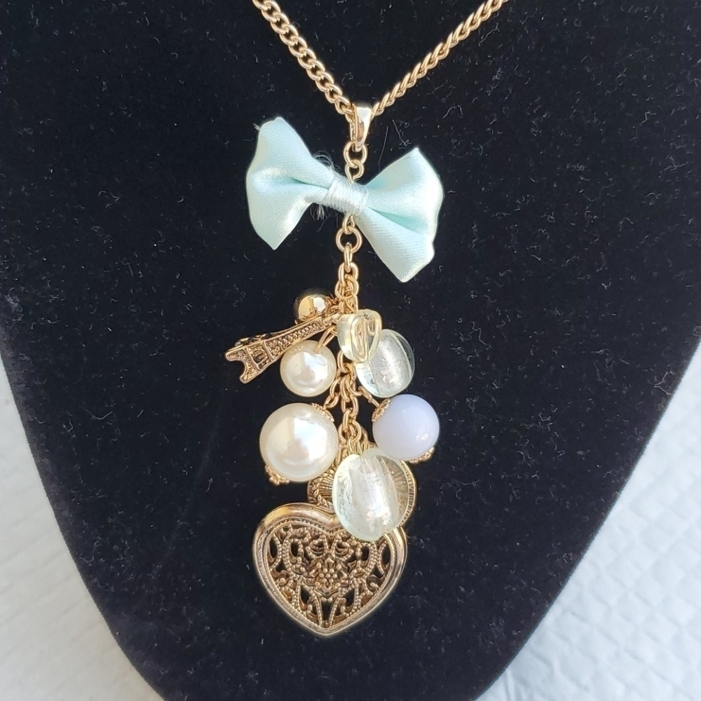 NEW GOLD LONG NECKLACE EIFFEL TOWER PEARL HEART‎ - Picture 7 of 7